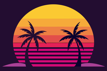 Retro sunset with palm trees and vibrant stripes