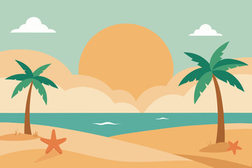 Tropical beach scene with palm trees and starfish