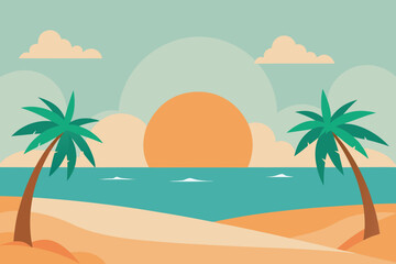 Tropical beach sunset with palm trees and calm ocean