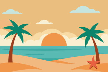 Tropical beach sunset with palm trees and starfish