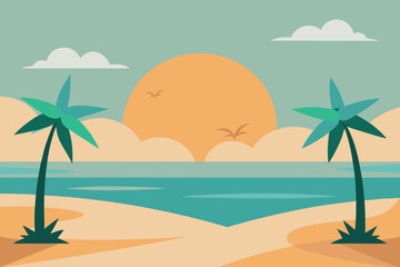 Tropical beach sunset with palm trees and ocean view