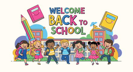 Vector art of a group of happy cartoon children are running towards school with books and backpacks, celebrating their return to education