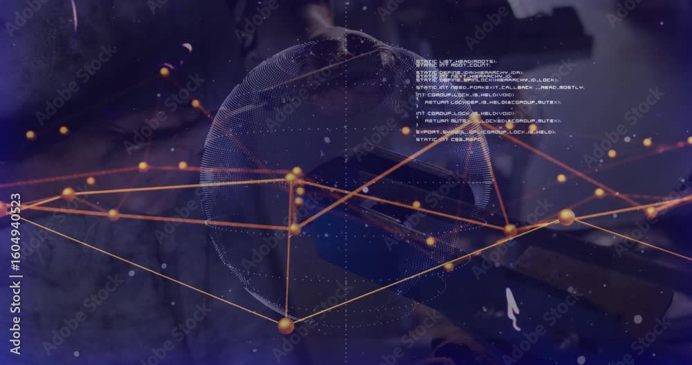Poster engineer lifting device initiating rotating globe nodes and code scrolling for network monitoring