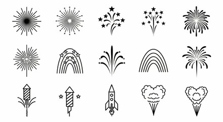 Fireworks Line Icon Set – Thin Linear Vector Illustrations of Rocket, Starburst, Spiral, Heart Explosions for Celebration and Party Themes

