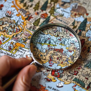 A hand holds a magnifying glass over a complex "Where's Waldo?" jigsaw puzzle, focusing on a detailed section. The image symbolizes searching, details, and problem-solving