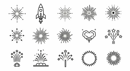 Fireworks Line Icon Set – Thin Linear Vector Illustrations of Rocket, Starburst, Spiral, Heart Explosions for Celebration and Party Themes


