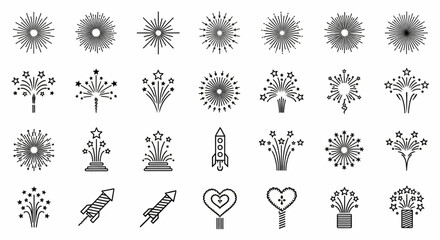 Fireworks Line Icon Set – Thin Linear Vector Illustrations of Rocket, Starburst, Spiral, Heart Explosions for Celebration and Party Themes

