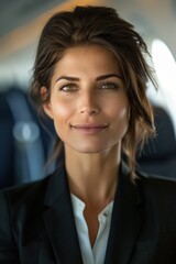 Fototapeta premium A close-up portrait of an elegant businesswoman in a black blazer. Her confident smile and striking green eyes project success and professionalism, possibly during business travel