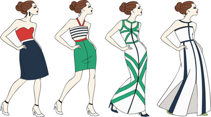 Stylish fashion models. Pretty young girls. Fashion girls Sketch. fashion vector illustration featuring five stylish female models posing confidently in different modern dresses.