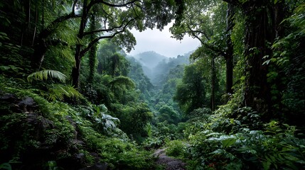 Obraz premium The vibrant tropical rainforest in Central America, showcasing a dense jungle filled with lush greenery and vibrant wildlife.