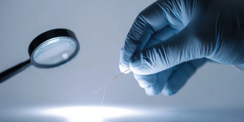 Close examination of a hair strand using a magnifying glass in a laboratory setting
