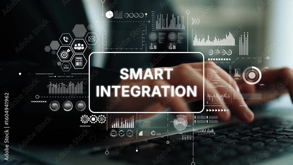 Poster hands typing on laptop with graphic overlay representing smart integration and data analysis in mode