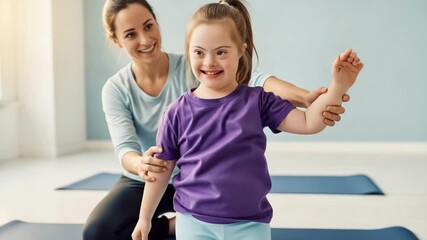 Girl with Down syndrome stretches with supportive instructor in friendly environment during a morning activity session