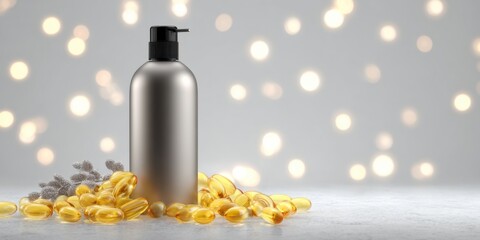 Bottle of liquid surrounded by golden capsules on a softly lit background with decorative bokeh effects