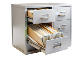 open file cabinet with paper documents isolated  on white background PNG, AI GENERATED