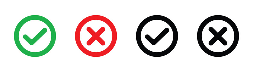 check mark icon button set. check box icon with right and wrong buttons and yes or no checkmark icons in green tick box and red cross.