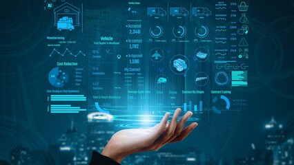 Supply chain management interface showing delivery routes, warehouse efficiency, cost savings,...