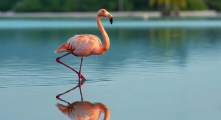 Tropical Paradise Dreams: Flamingo in Warm Sunset and Water Reflections
