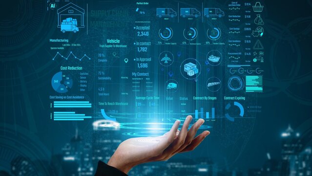 Supply chain management interface showing delivery routes, warehouse efficiency, cost savings, vehicle tracking, procurement ROI, and contract stages. Futuristic supply chain monitoring system. Thunk