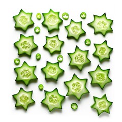 Star-shaped cucumber slices arranged on a white background
