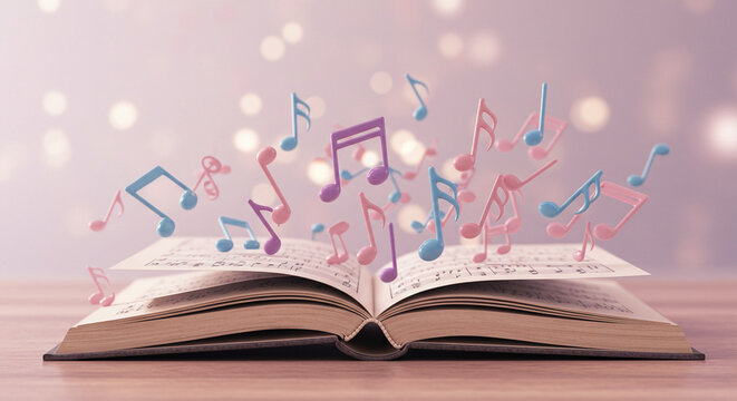 Open book with colorful music notes floating above on pink background  