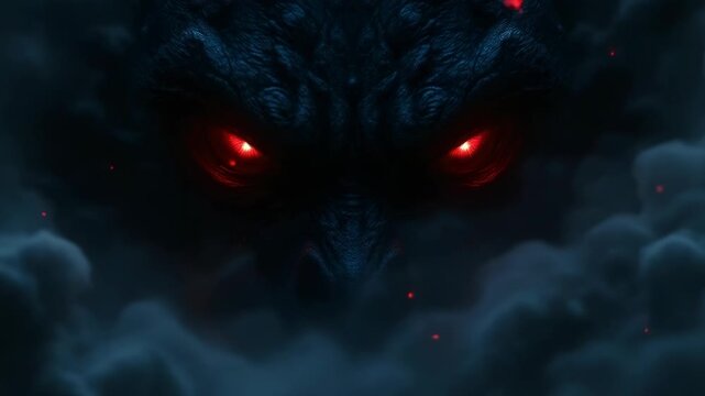 Dragon eyes glowing in dark misty landscape