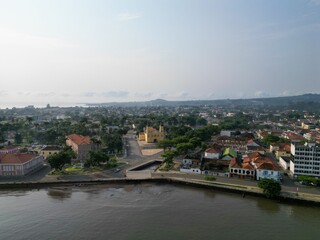 Aerial view from Sao Tome city with the cathedral from Sao Tome at center.