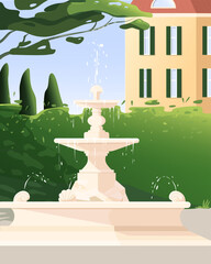 Landscape of a fountain in a park in the shade of trees against the background of a hedge.