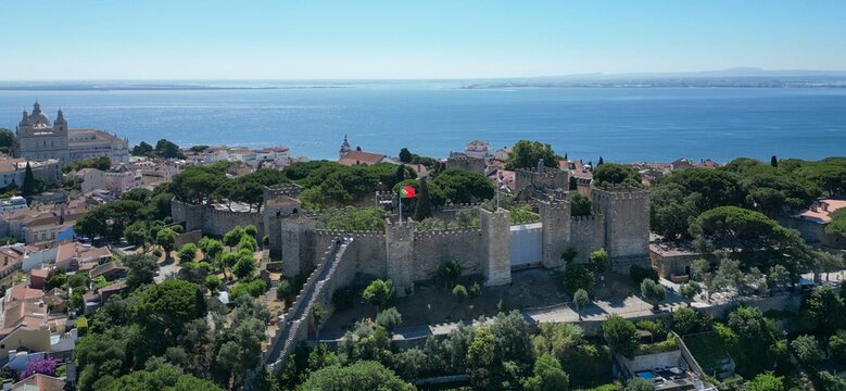 Aerial view from the Sao jorge Castle with tejo river and Lisbon cityscape