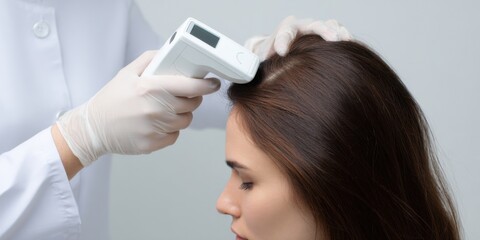 Examined the condition of the scalp and hair follicles with a trichoscope in the medical office of doctor trichologist. Professional hair analysis.