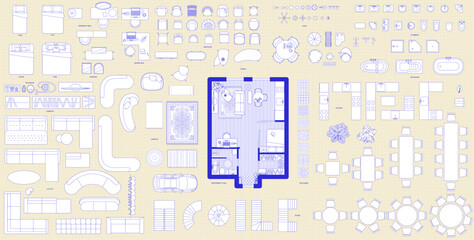 Furniture in top view. Vector illustration of isolated interior objects on white background. © marinadreams