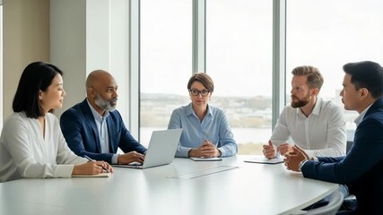 A diverse group of business professionals are engaged in a lively discussion during a meeting around a conference table, with a laptop and documents suggesting a collaborative work session - Powered by Adobe