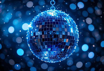 Fototapeta premium Sparkling Blue Disco Ball in a Nightclub Atmosphere. A vibrant, close-up image of a blue disco ball, showcasing its reflective mosaic surface.