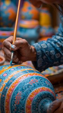 Mexican artisan meticulously hand-painting intricate designs on vibrant Talavera pottery in a lively workspace