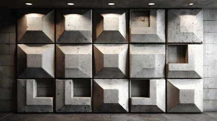 Gray concrete wall paneling with geometric shapes.