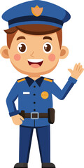 Funny cartoon policeman character in a suit with a gun, standing and smiling, waving his hand