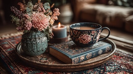 A warm and inviting still life featuring a floral teacup, book, and vase.
