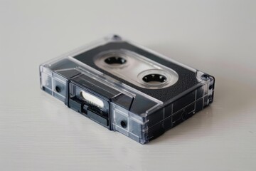 Obraz premium A close-up of an audio cassette tape with a clear plastic casing, on a light surface. Centered composition, shallow depth of field.