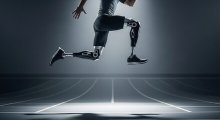 Athlete with a prosthetic leg running and jumping on an indoor track.