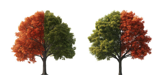Seasonal Transition Half Autumn, Half Summer Tree Symbolizing Change isolated on white or transparent background