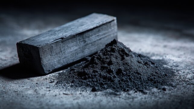 Dark charcoal block and powder on textured surface