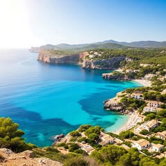 Obraz premium Scenic coastal view of a turquoise bay with houses nestled among lush greenery.