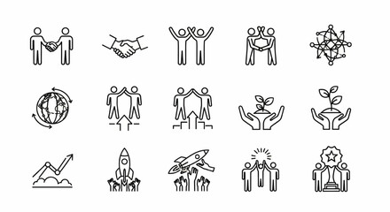 Partnership and Collaboration Line Icon Set – Thin Linear Vector Illustrations of Teamwork, Cooperation, Mutual Support, and Shared Success

