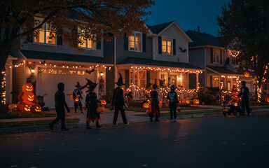 Halloween Street at Night with Decorated Houses, Jack-o&rsquo;-Lanterns, and Trick-or-Treaters