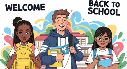 Vector art of three diverse students with backpacks and books are smiling in front of a school building, welcoming everyone back to school in a cartoon illustration