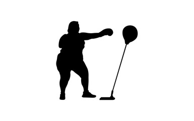 A strong, confident silhouette of a plus-size woman practicing boxing with a punching bag.