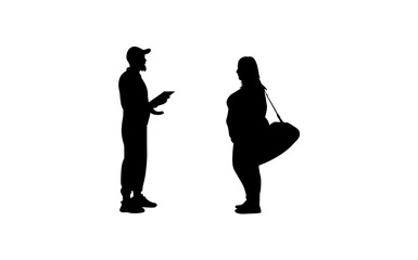 A black and white silhouette of a delivery person and a woman holding a gym bag, likely discussing a delivery or a related issue.