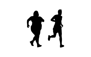 A stark silhouette contrast of an obese woman and a slender woman running.
