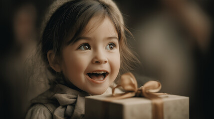 Young girl smiling while holding a gift box with excitement indoors  