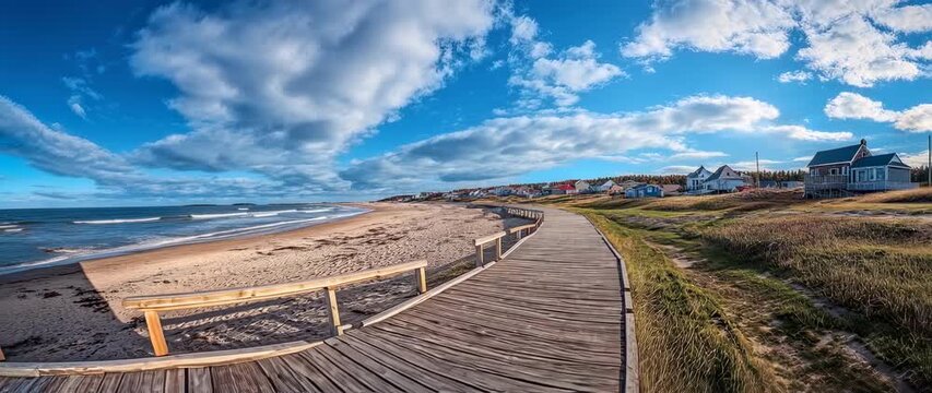 Scenic Coastal Boardwalk View in Prince Edward Island, Canada, with Blue Sky and Ocean, perfect